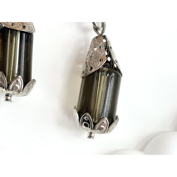 Silver Toned Silver Cylinder Rhinestone Vintage Clip On Dangle Earrings - Picture 4 of 10